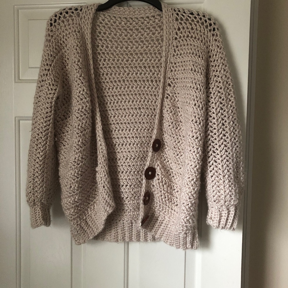 Hand crocheted cardigan with wooden buttons, sz small